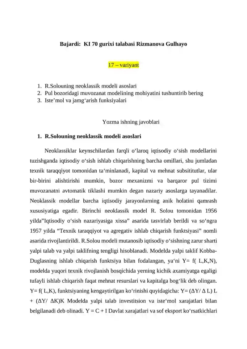 R.Solouning neoklassik modeli asoslari