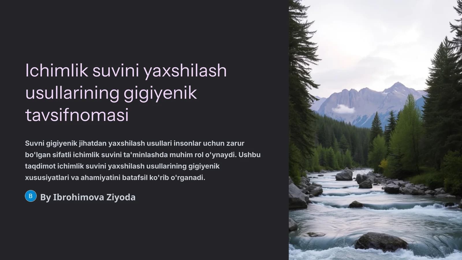 Ichimlik suvini yaxshilash usullarining gigiyenik tavsifnomasi