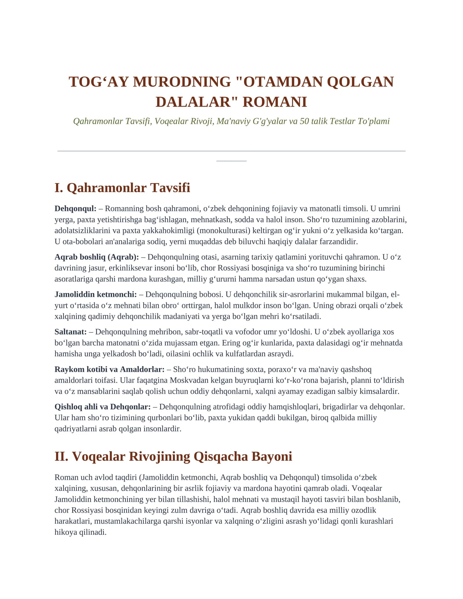 TOG‘AY MURODNING "OTAMDAN QOLGAN DALALAR" ROMANI
