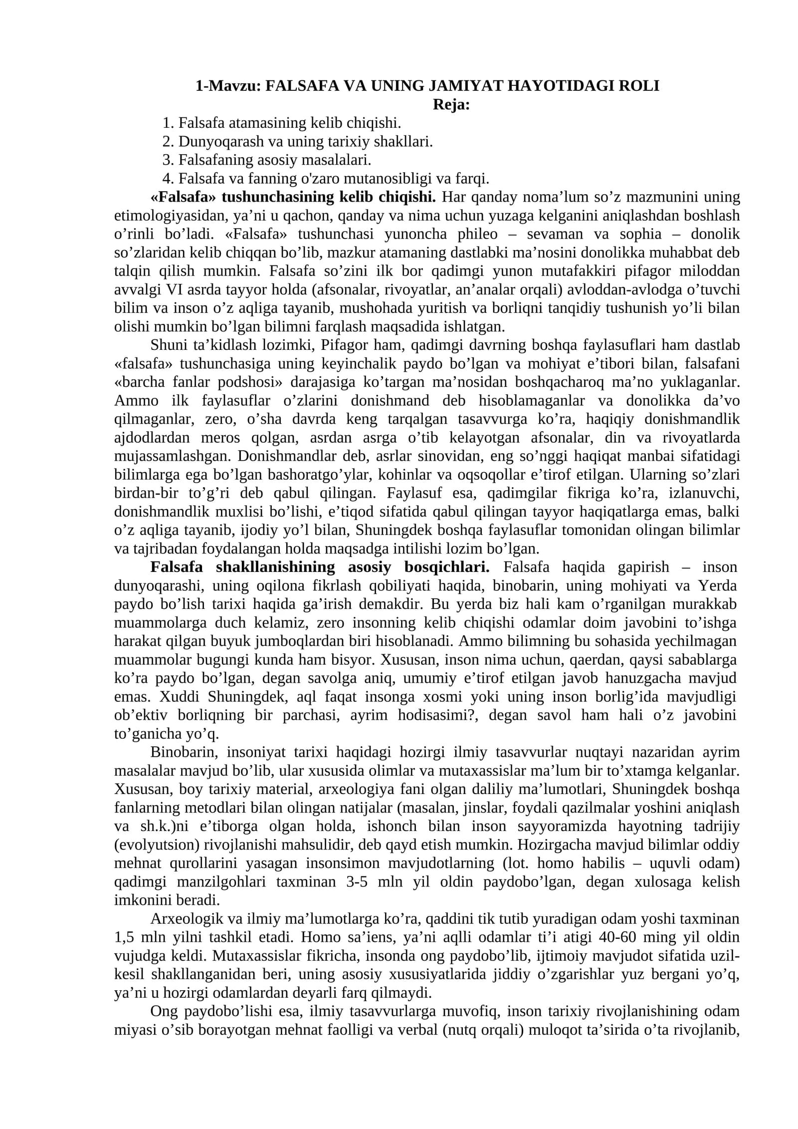 FALSAFA VA UNING JAMIYAT HAYOTIDAGI ROLI