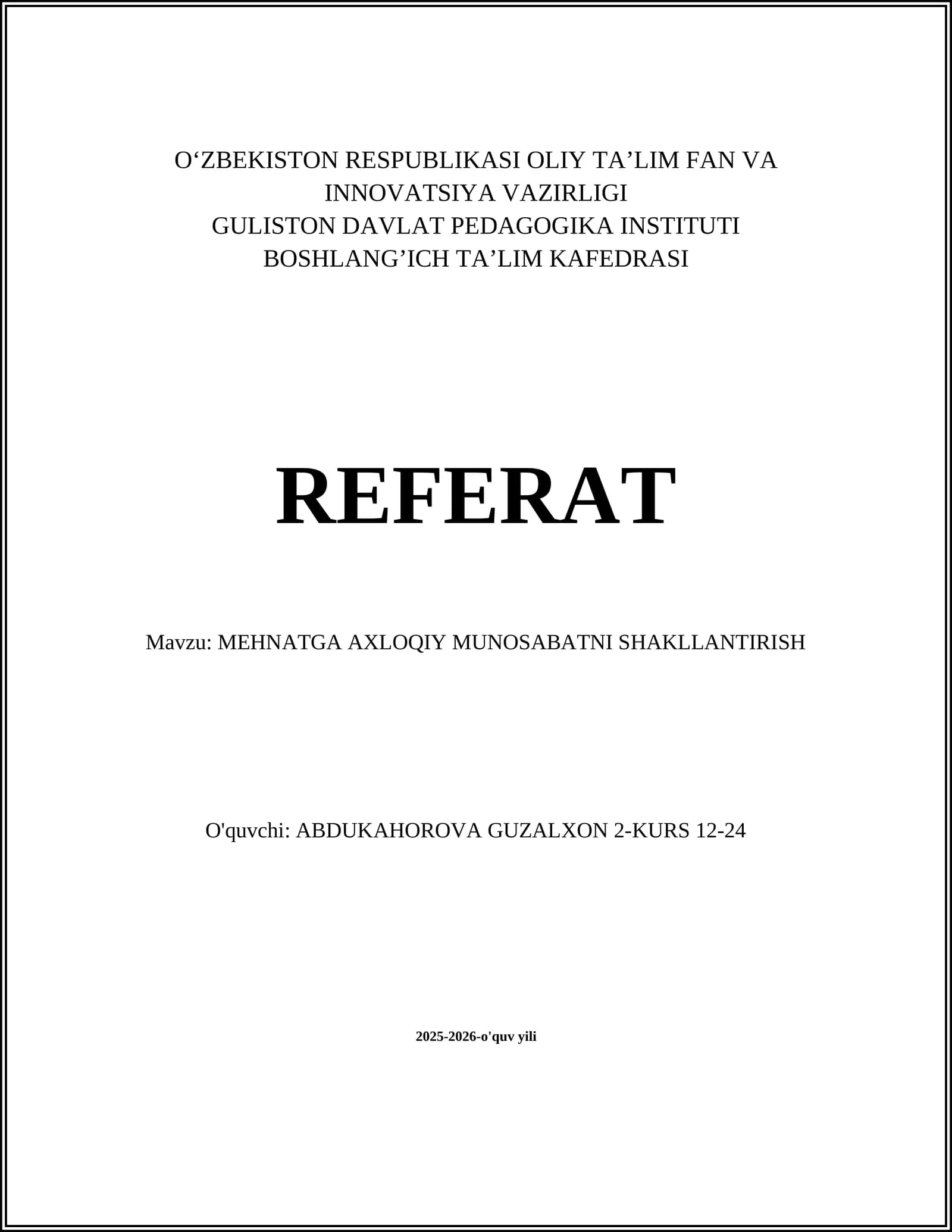 MEHNATGA AXLOQIY MUNOSABATNI SHAKLLANTIRISH