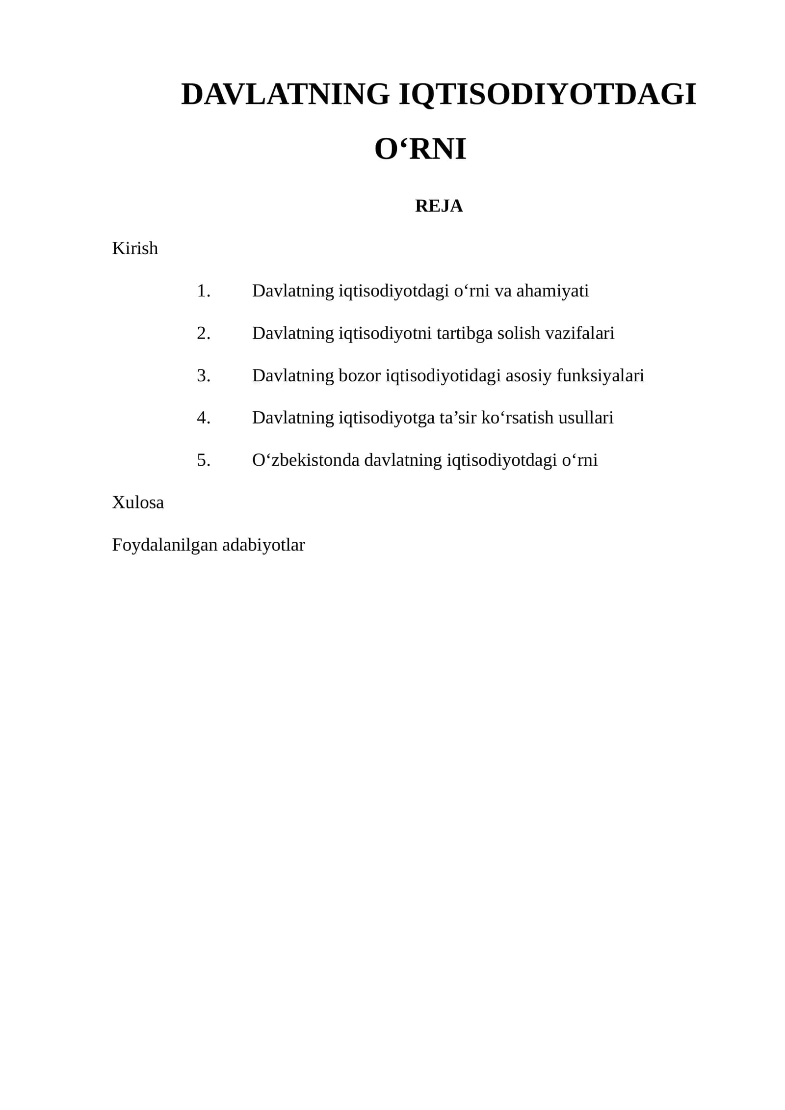 Davlatning Iqtisodiyotdagi O‘rni