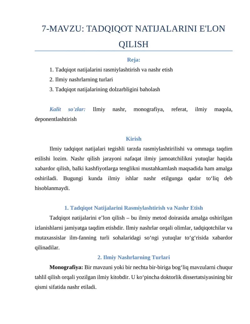 Tadqiqot natijalarini e'lon qilish
