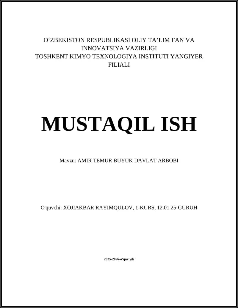 AMIR TEMUR BUYUK DAVLAT ARBOBI