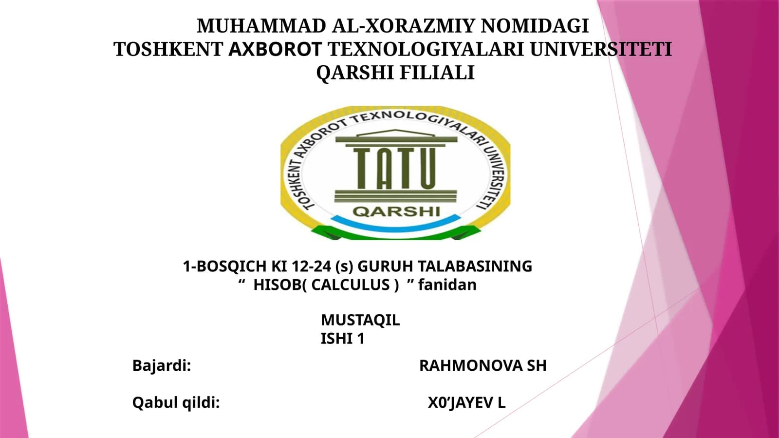 HISOB( CALCULUS ) fanidan MUSTAQIL ISHI
