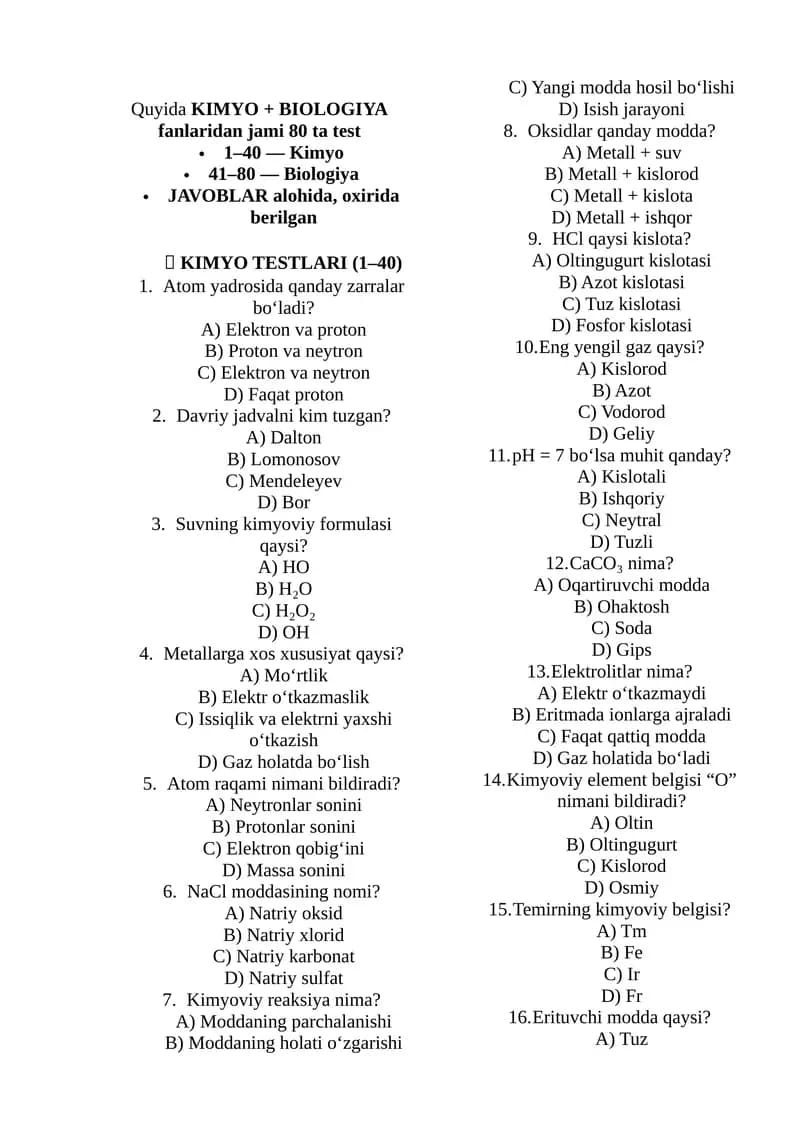 KIMYO + BIOLOGIYA fanlari testi