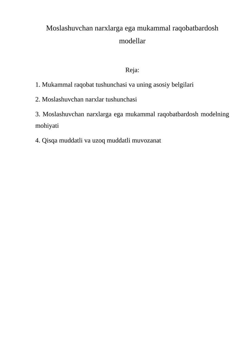Moslashuvchan narxlarga ega mukammal raqobatbardosh modellar