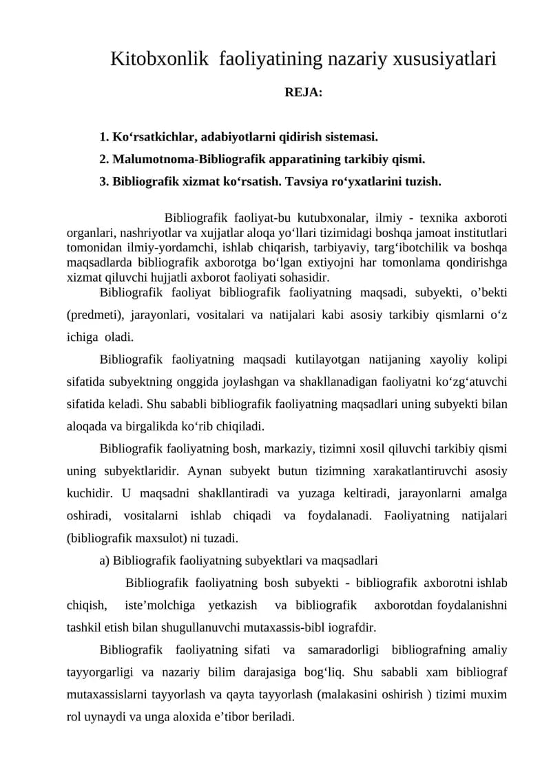 Kitobxonlik faoliyatining nazariy xususiyatlari