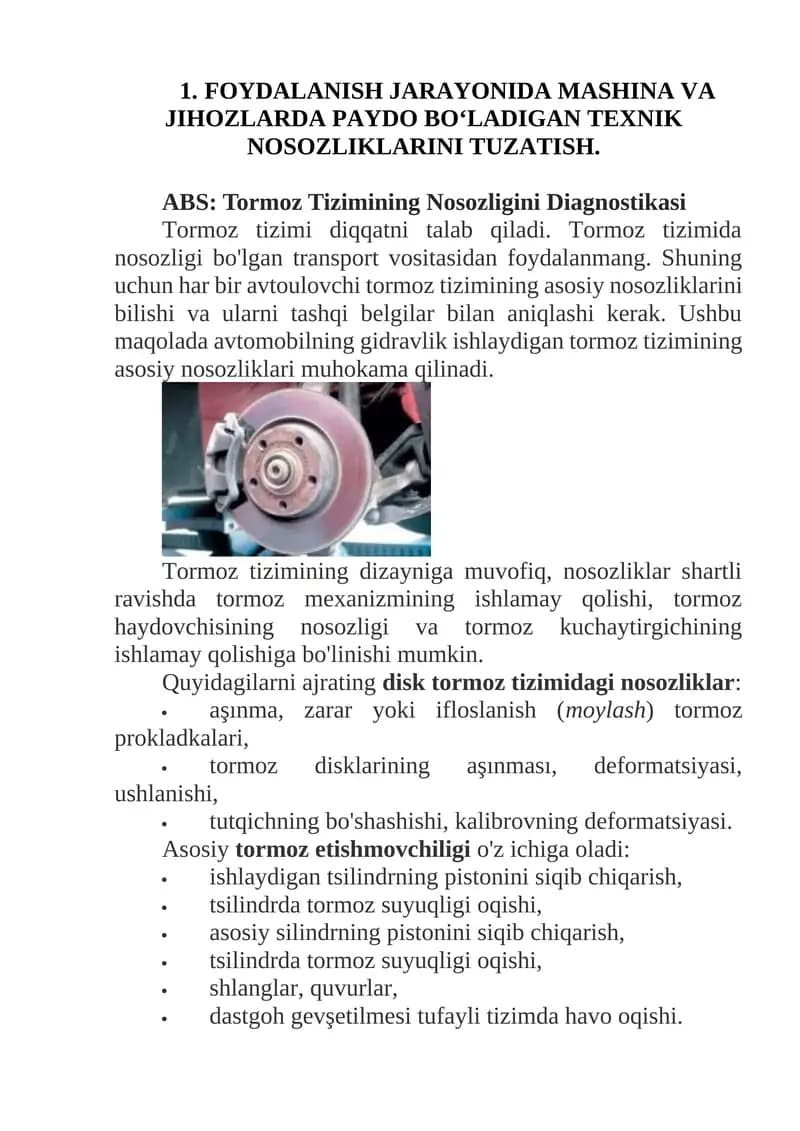 Tormoz tizimi va nosozliklarini tuzatish
