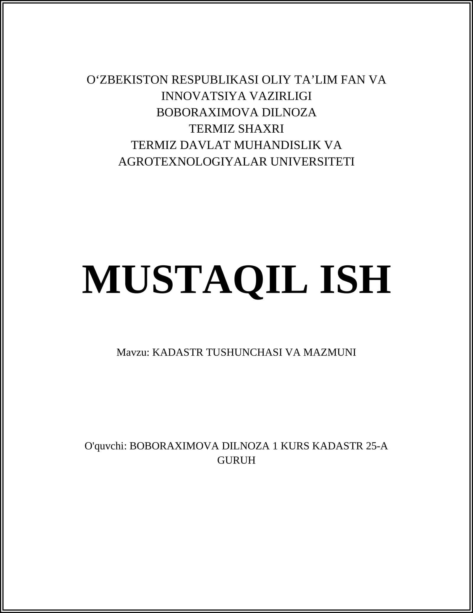 Kadastr Tushunchasi va Mazmuni