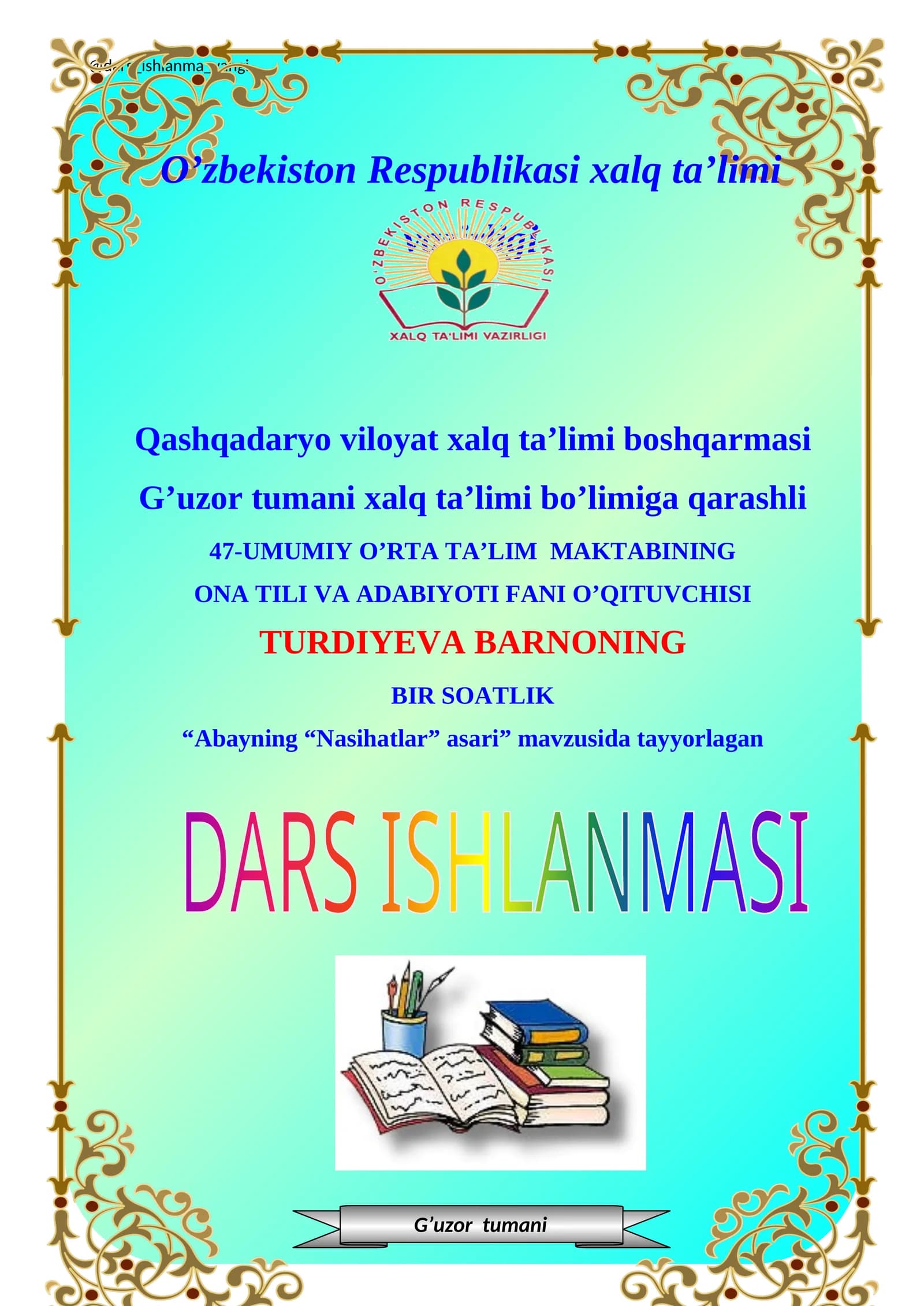 Abayning “Nasihatlar” asari DARS ISHLANMASI