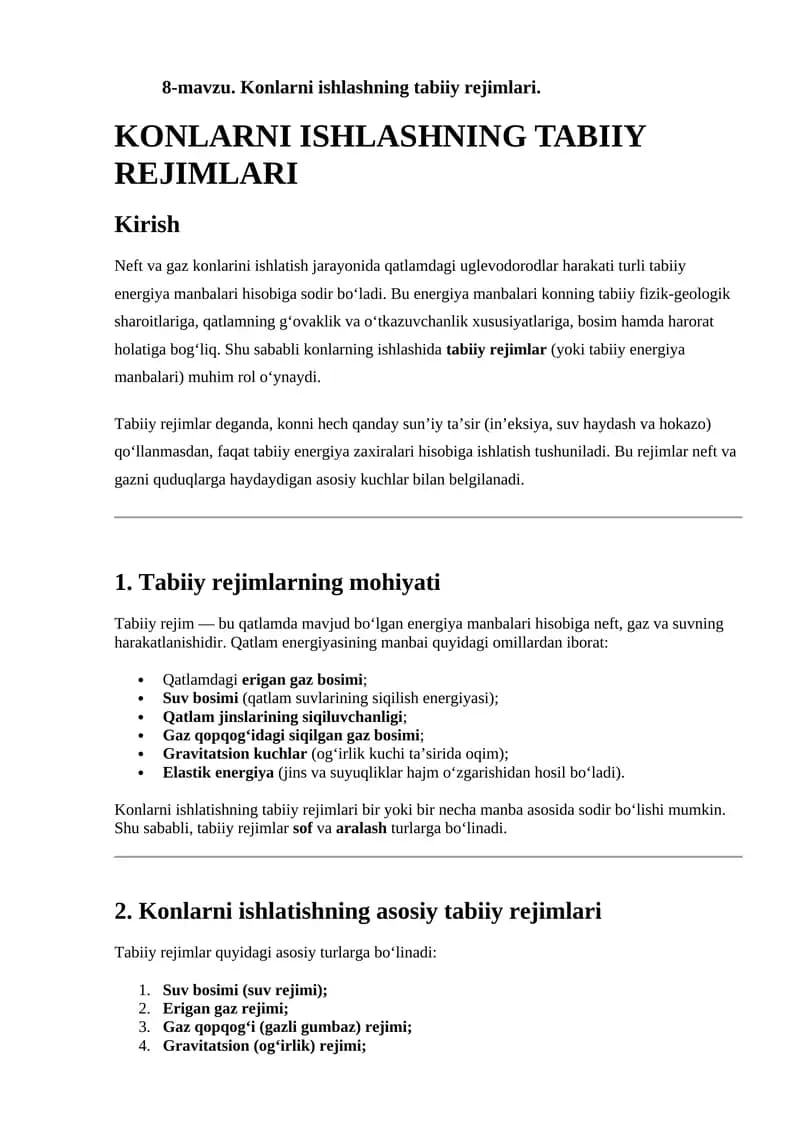 Konlarni ishlashning tabiiy rejimlari