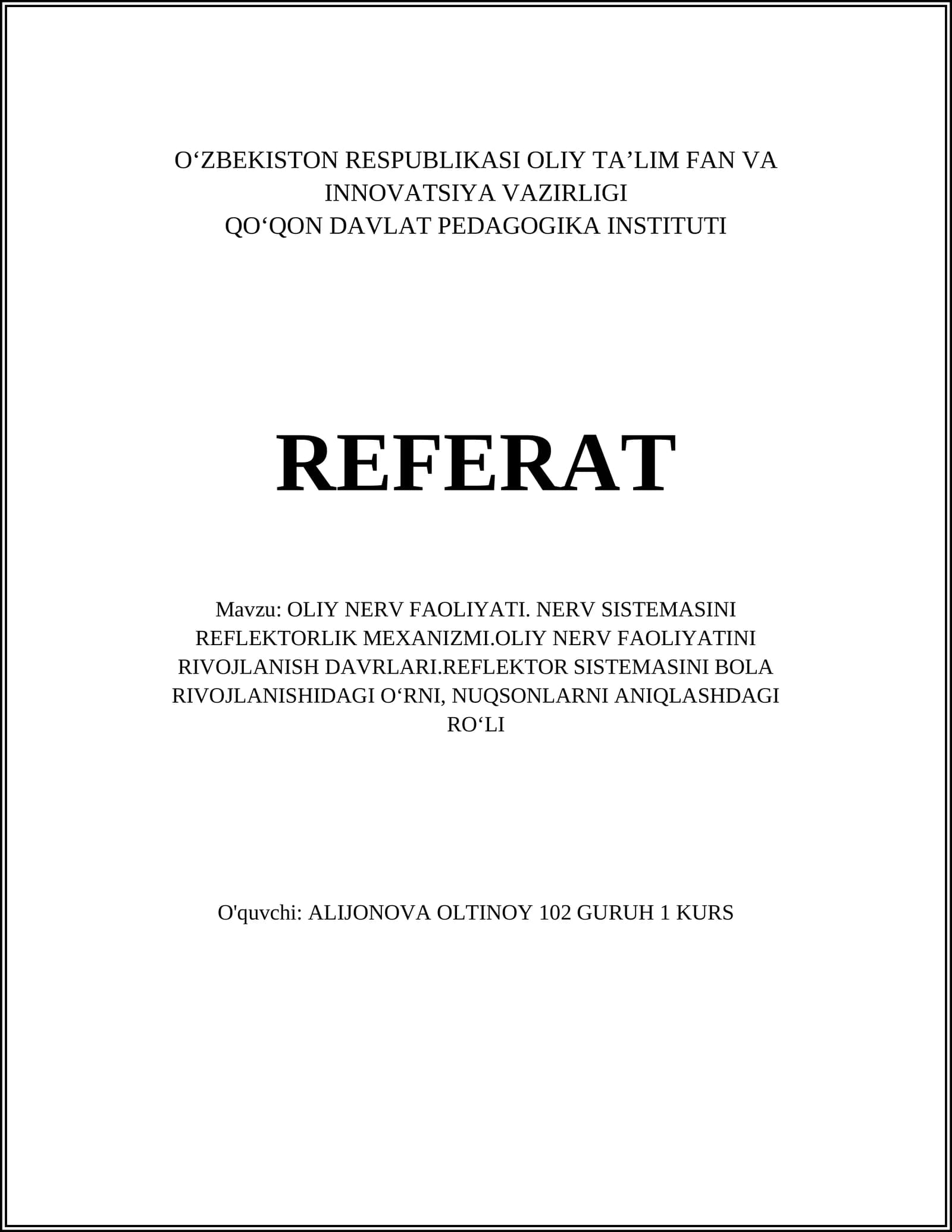 OLIY NERV FAOLIYATI