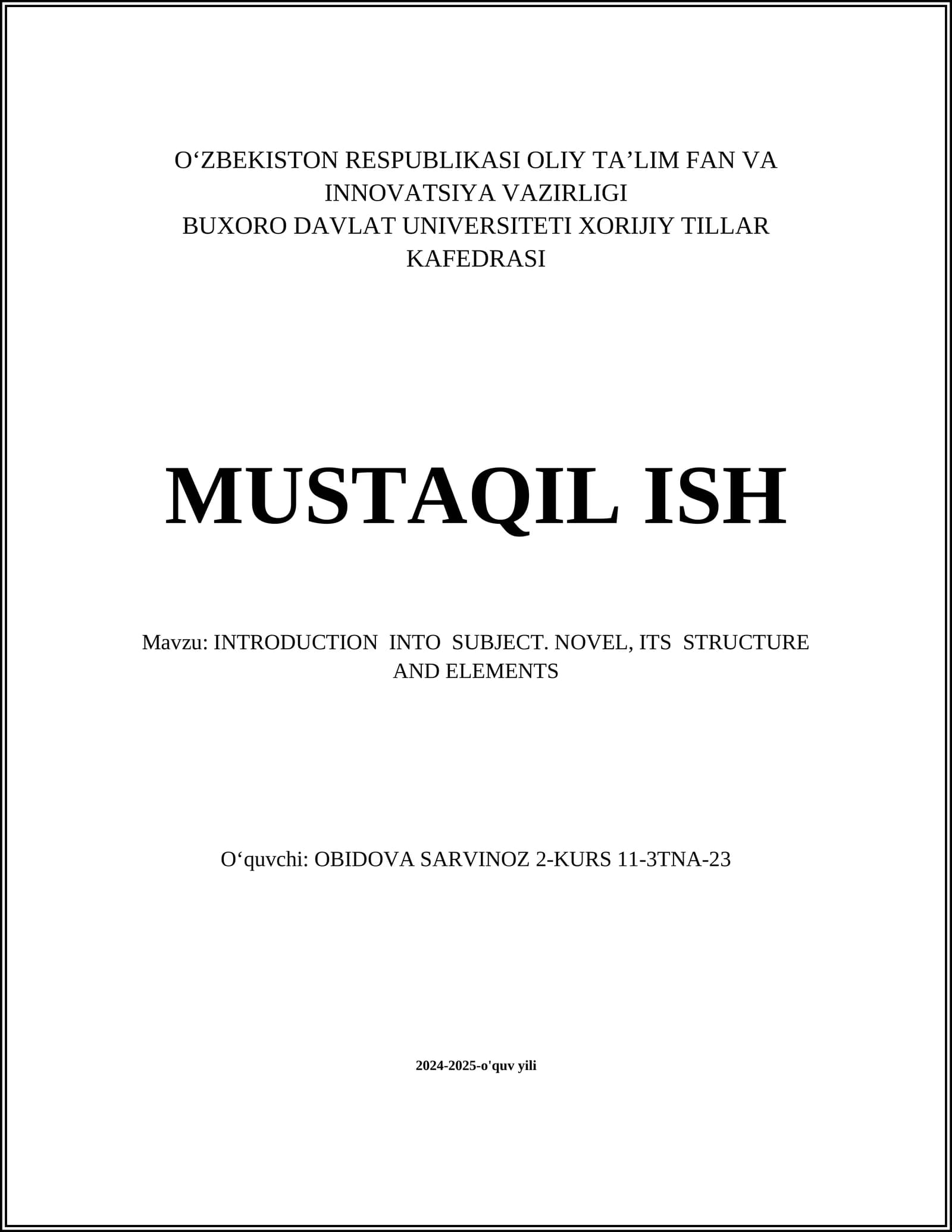 INTRODUCTION INTO SUBJECT. NOVEL, ITS STRUCTURE AND ELEMENTS