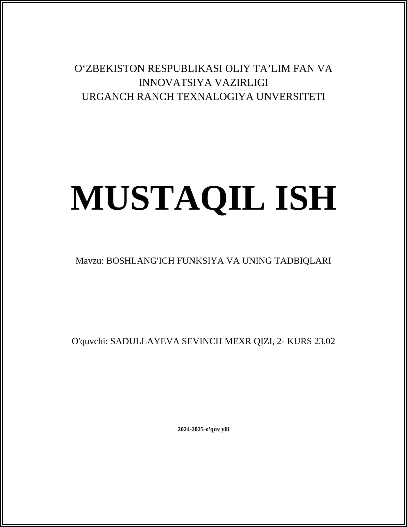 BOSHLANG'ICH FUNKSIYA VA UNING TADBIQLARI