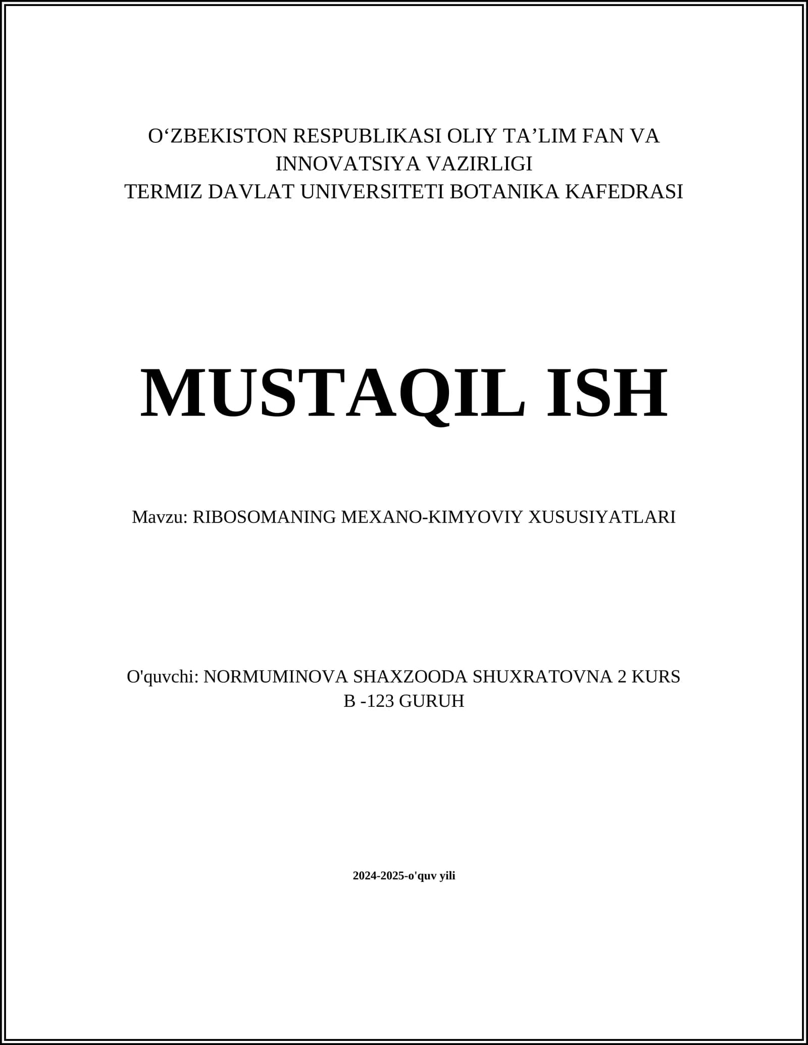 RIBOSOMANING MEXANO-KIMYOVIY XUSUSIYATLARI