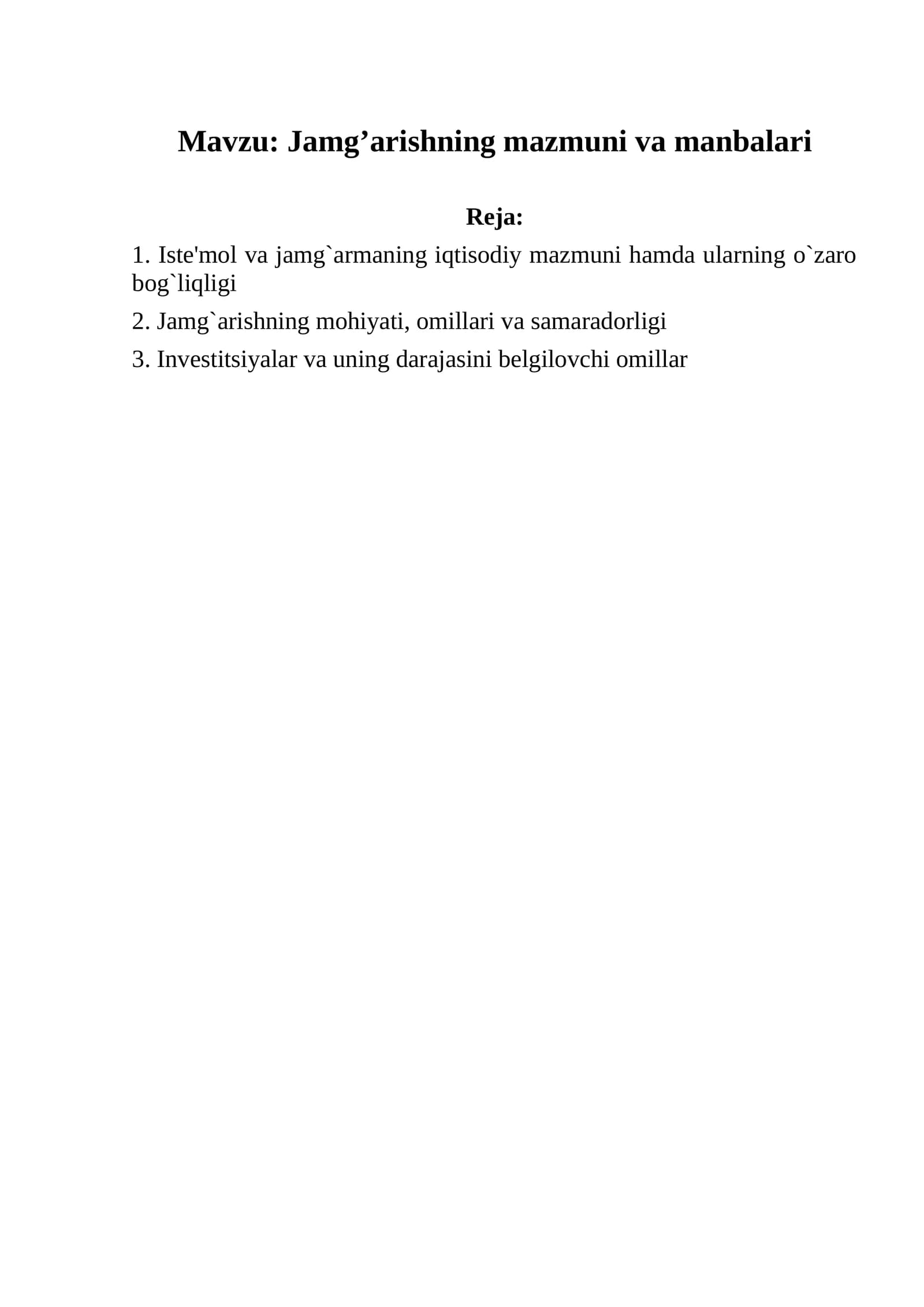 Jamg’arishning mazmuni va manbalari