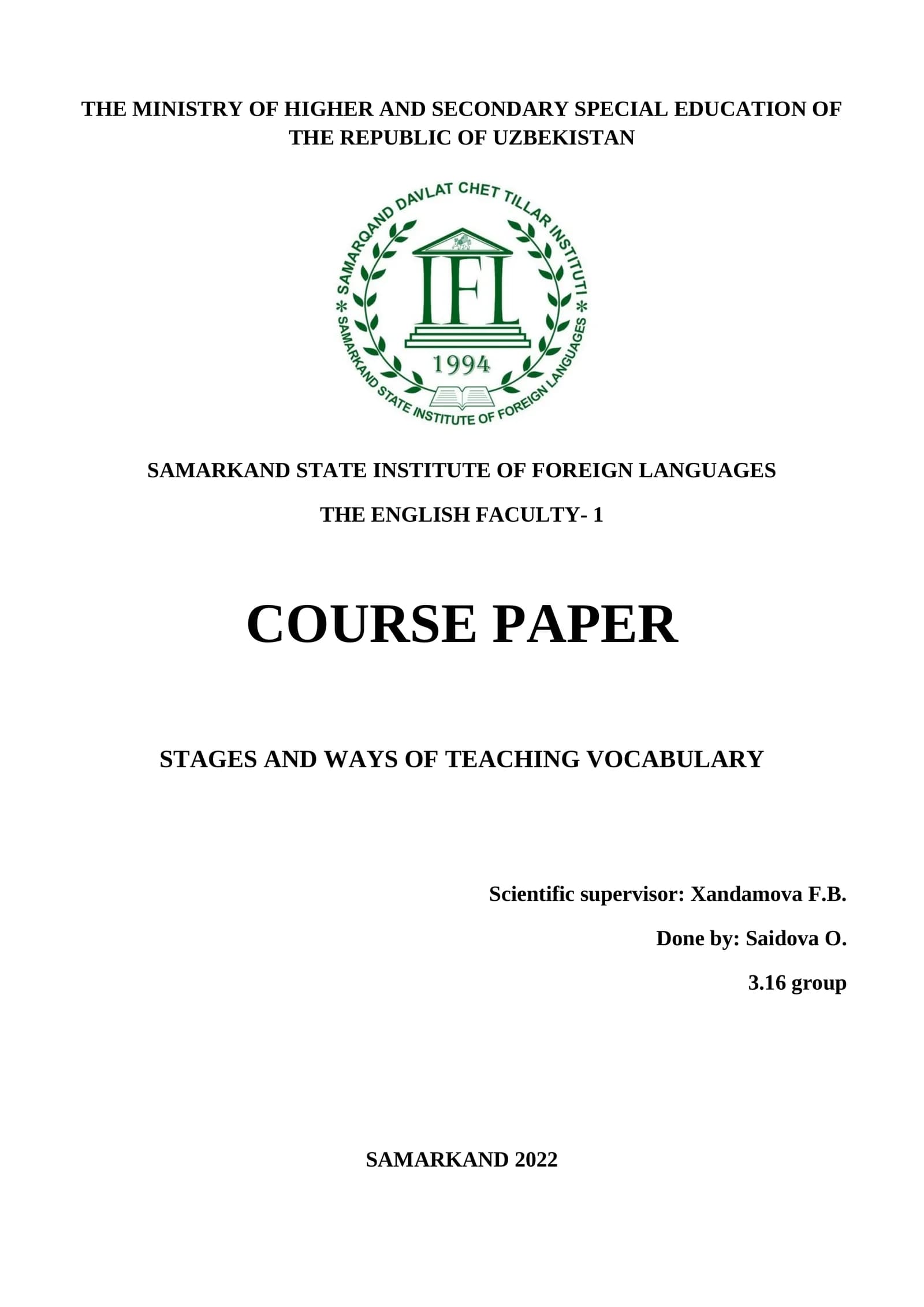 STAGES AND WAYS OF TEACHING VOCABULARY