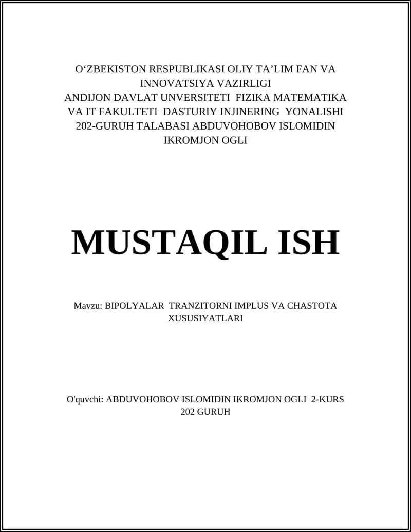 BIPOLYALAR TRANZITORNI IMPLUS VA CHASTOTA XUSUSIYATLARI
