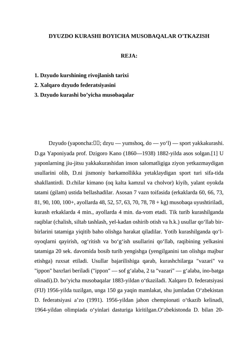Dzyudo Kurashi Boyicha Musobaqalar O'tkazish