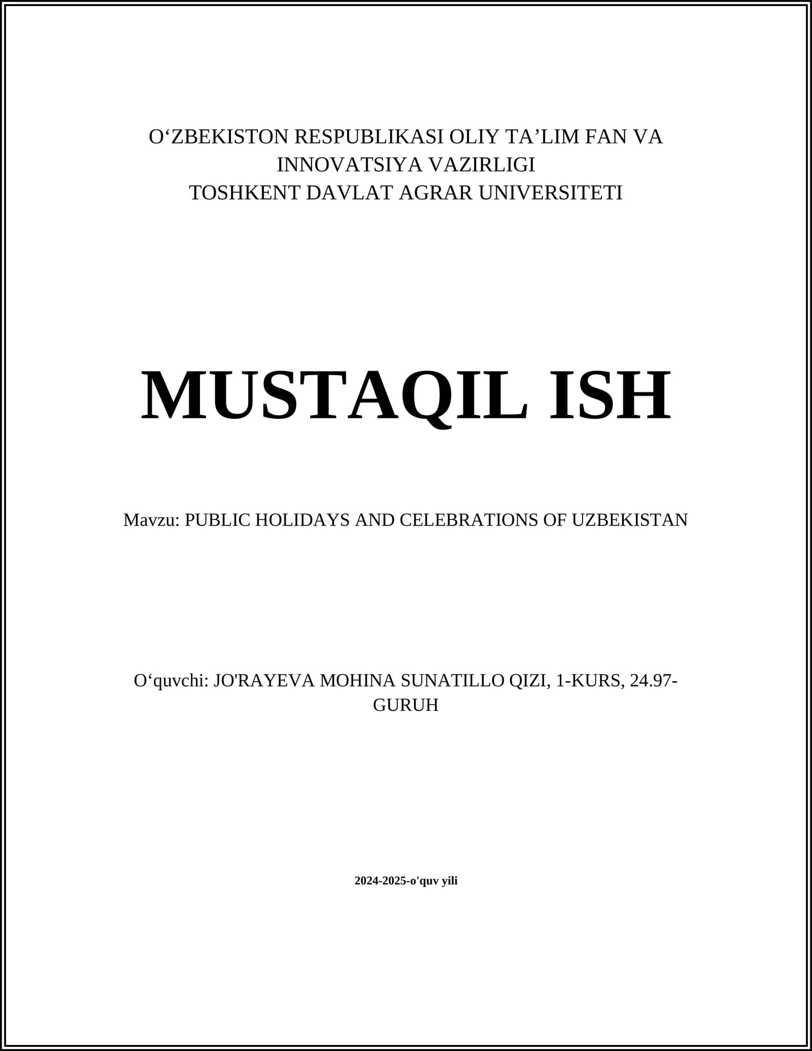 PUBLIC HOLIDAYS AND CELEBRATIONS OF UZBEKISTAN