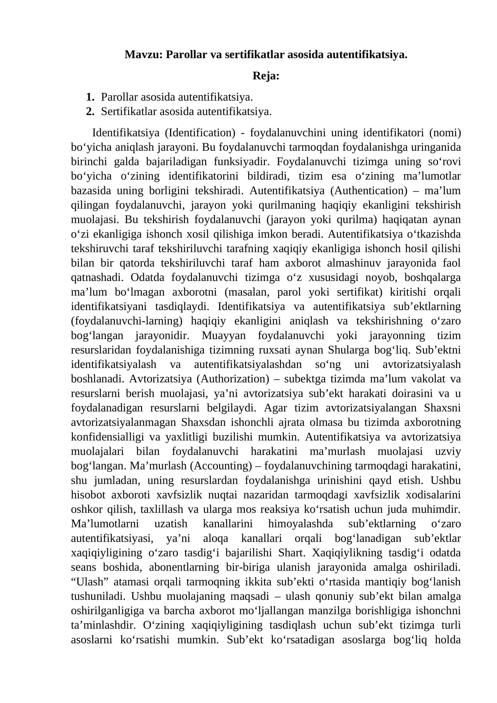Parollar va sertifikatlar asosida autentifikatsiya