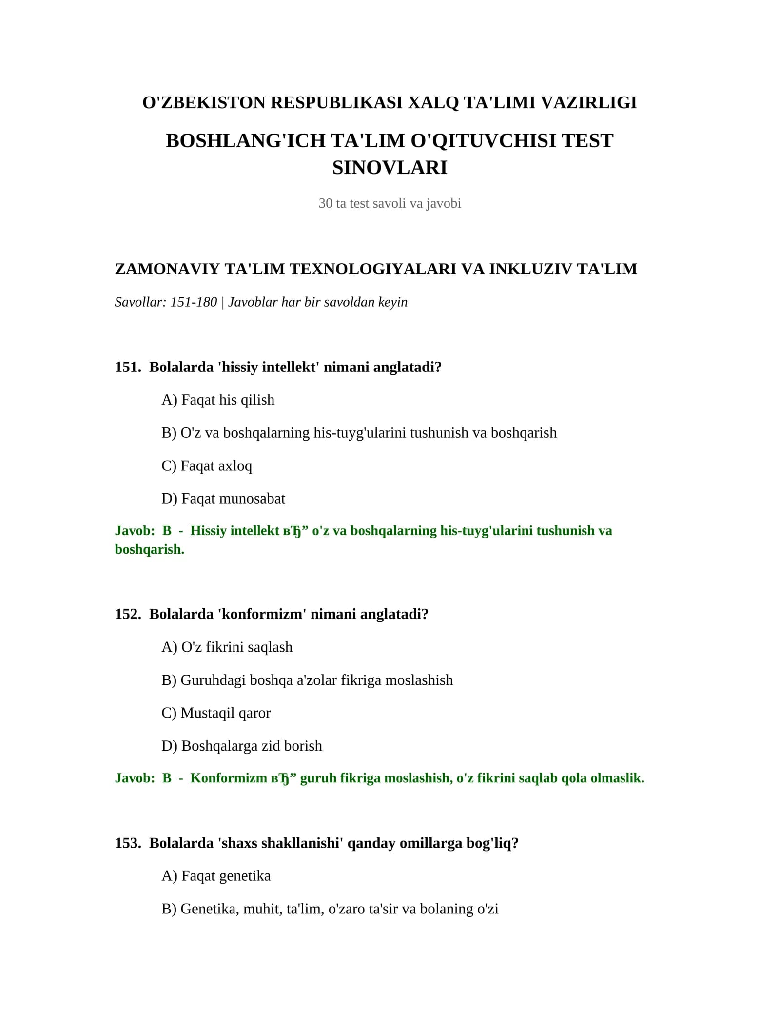 BOSHLANG'ICH TA'LIM O'QITUVCHISI TEST SINOVLARI