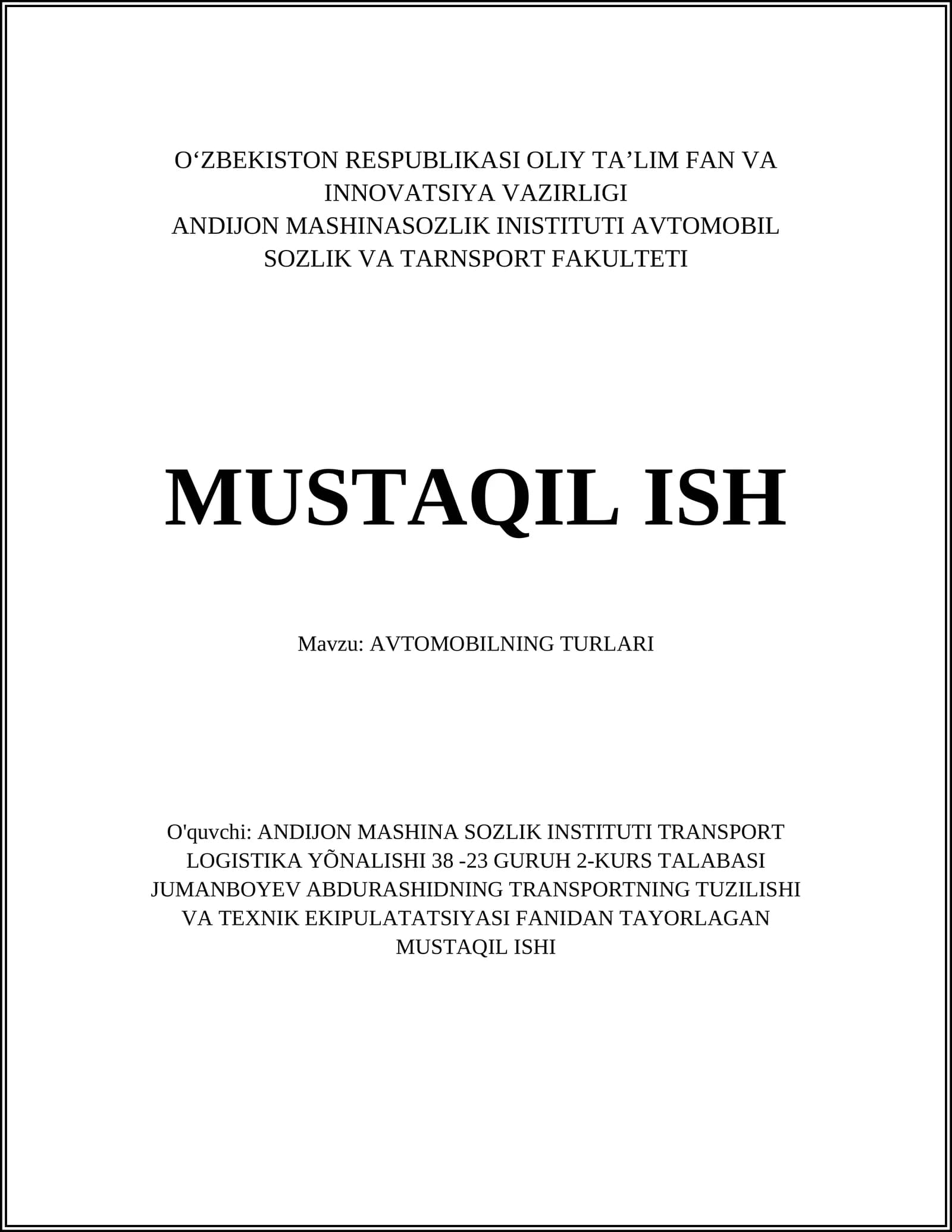 AVTOMOBILNING TURLARI