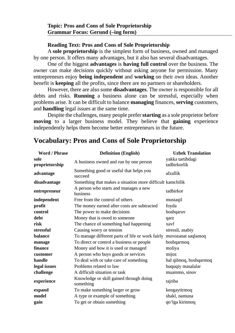 Pros and Cons of Sole Proprietorship