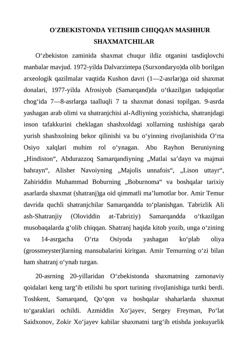 O'ZBEKISTONDA YETISHIB CHIQQAN MASHHUR SHAXMATCHILAR
