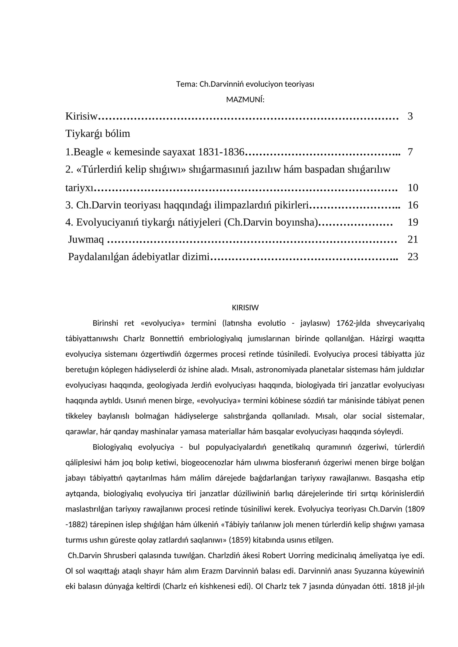 Ch.Darvinniń evoluciyon teoriyası
