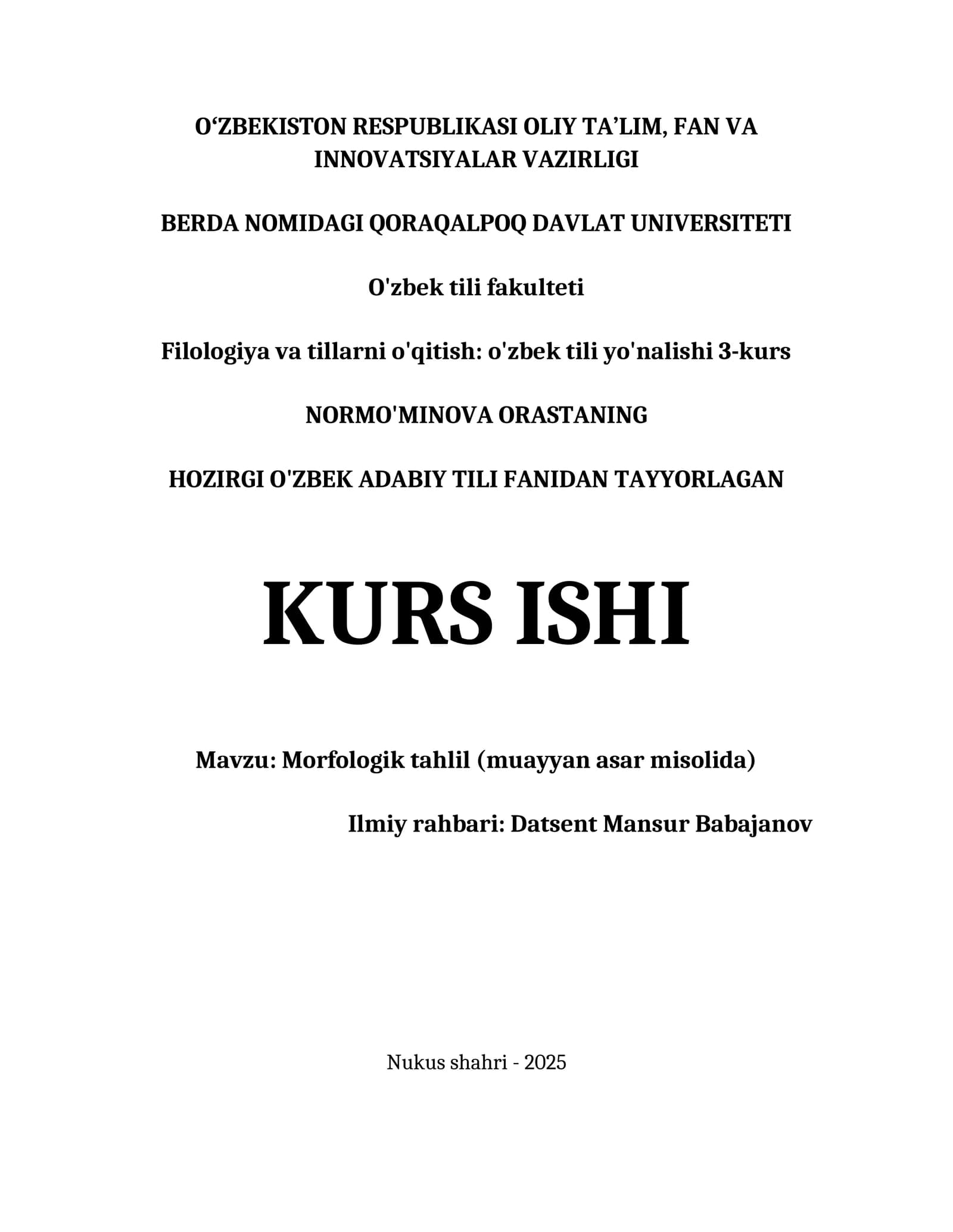 MORFOLOGIK TAHLIL (MUAYYAN ASAR MISOLIDA)