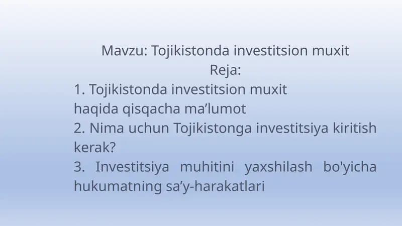 Tojikistonda investitsion muxit