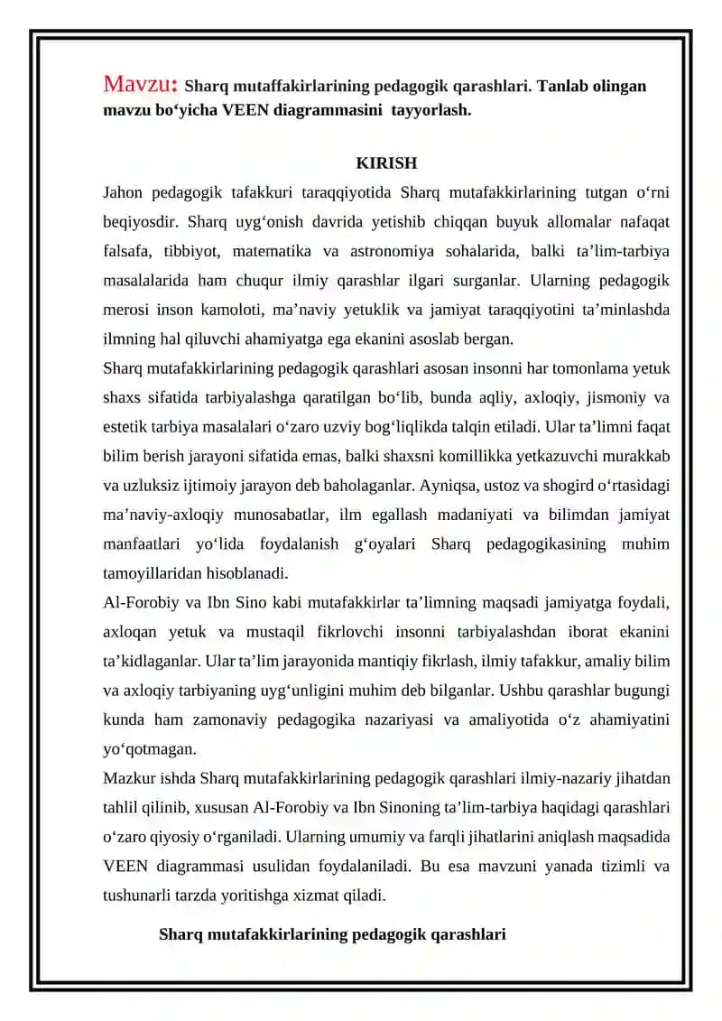 Sharq mutaffakirlarining pedagogik qarashlari