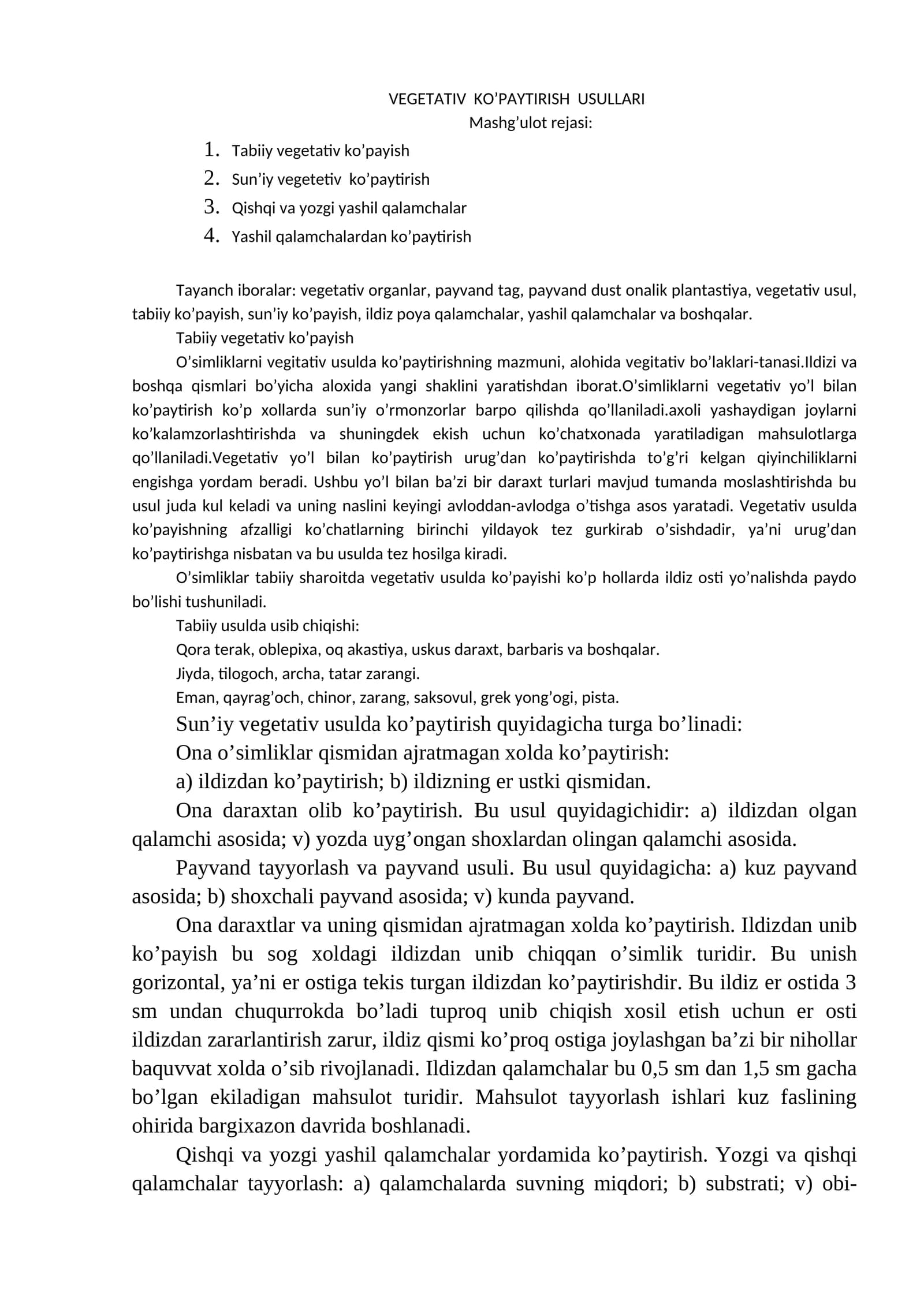 VEGETATIV KO’PAYTIRISH USULLARI