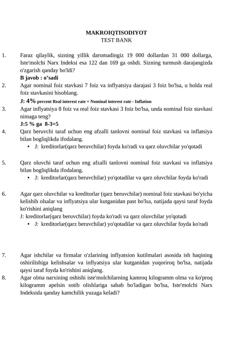 MAKROIQTISODIYOT TEST BANK