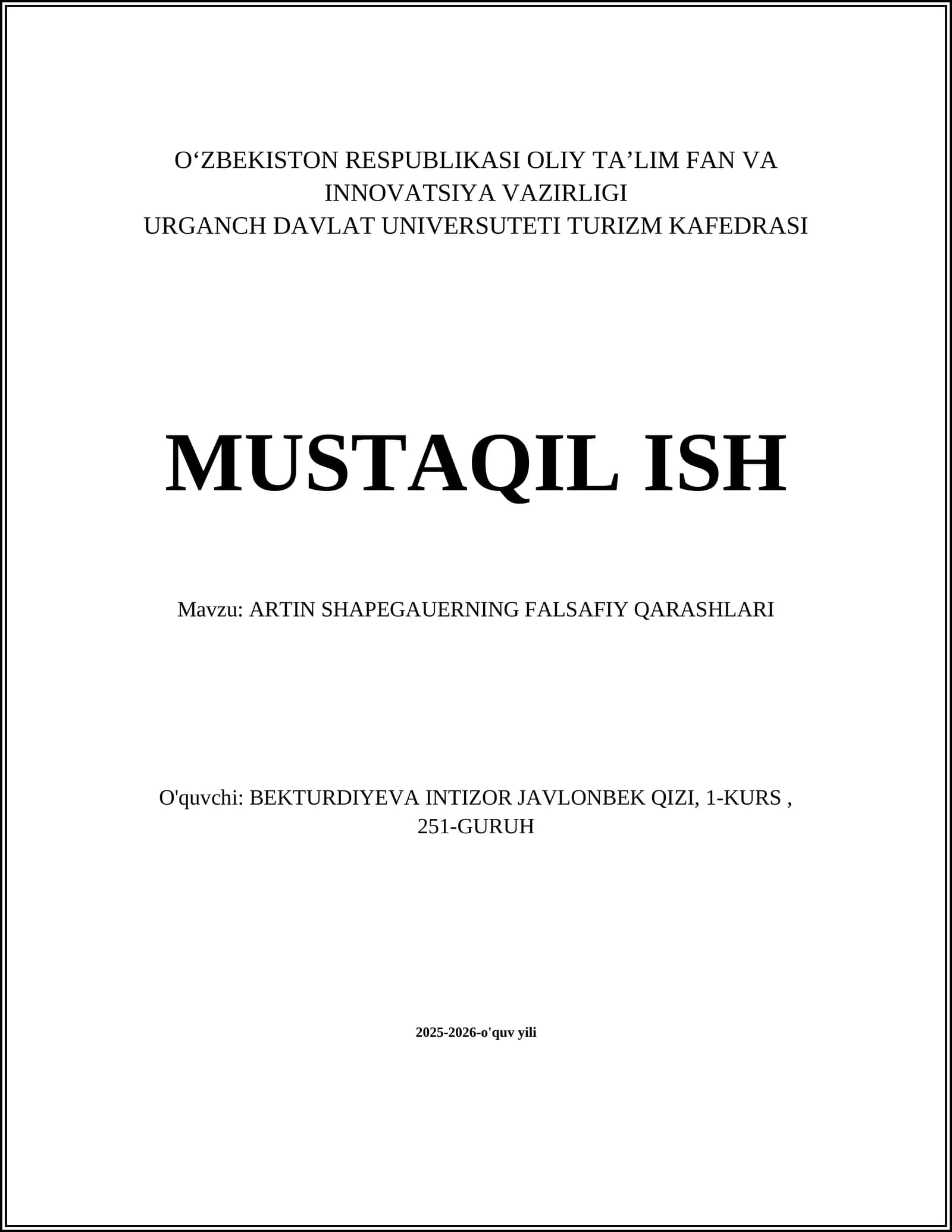 ARTIN SHAPEGAUERNING FALSAFIY QARASHLARI
