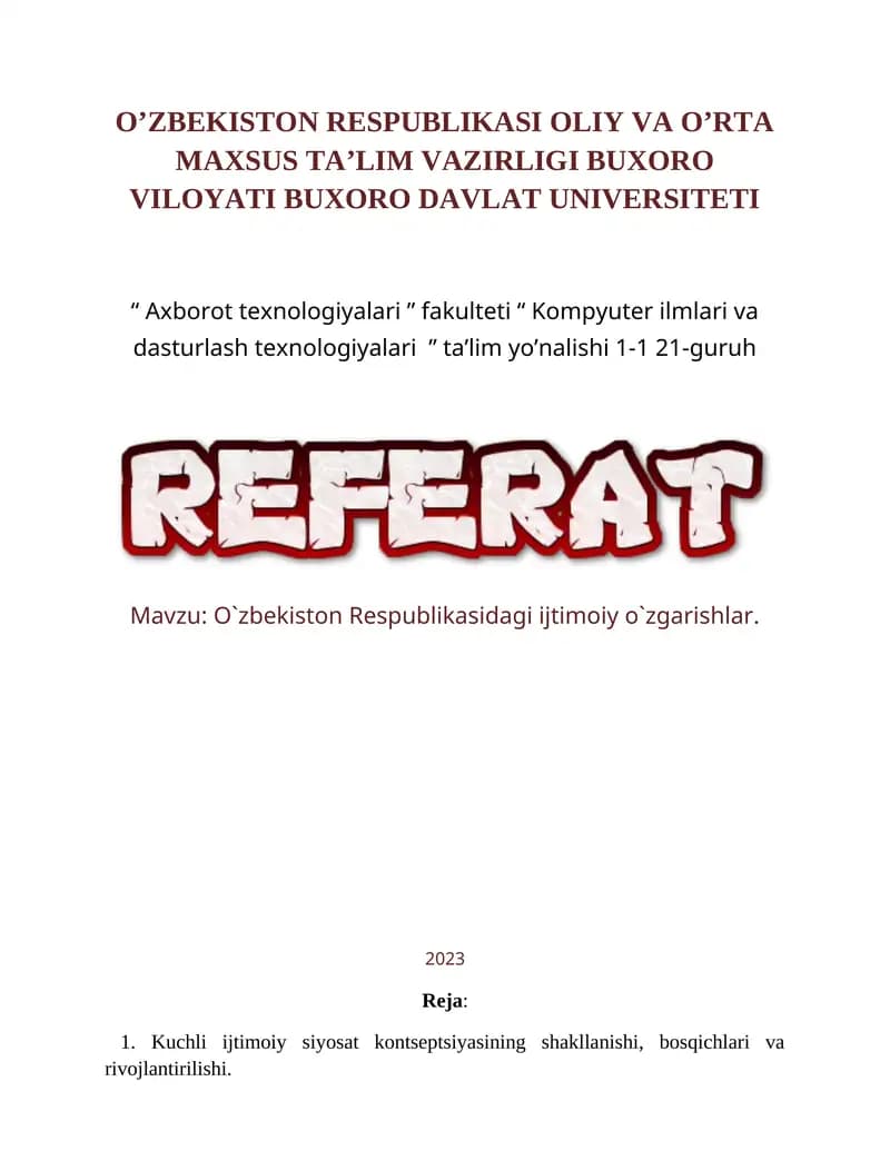 O`zbekiston Respublikasidagi ijtimoiy o`zgarishlar