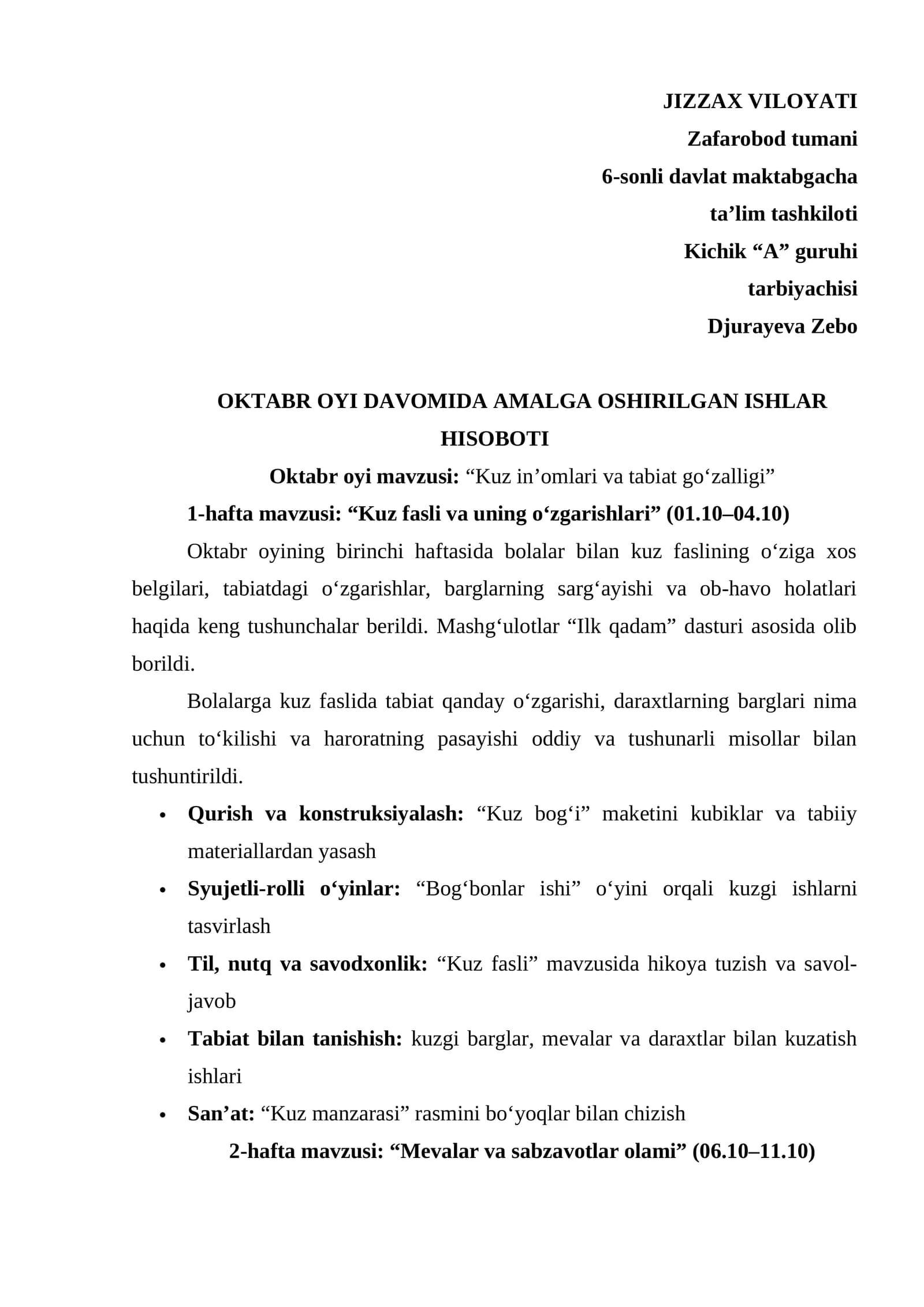 Maktabgacha ta'lim tarbiyachisi uchun Oktabr hisoboti