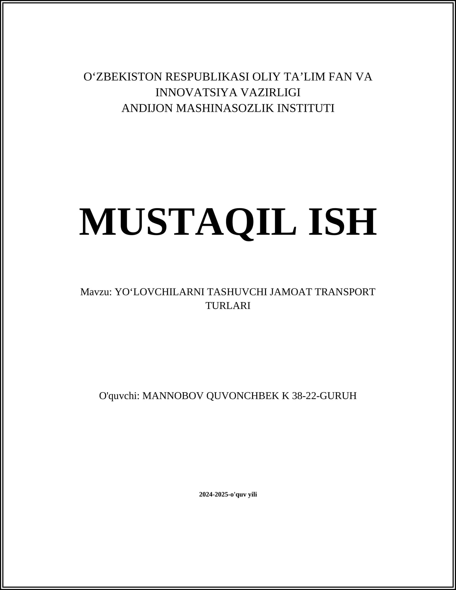 YOʻLOVCHILARNI TASHUVCHI JAMOAT TRANSPORT TURLARI