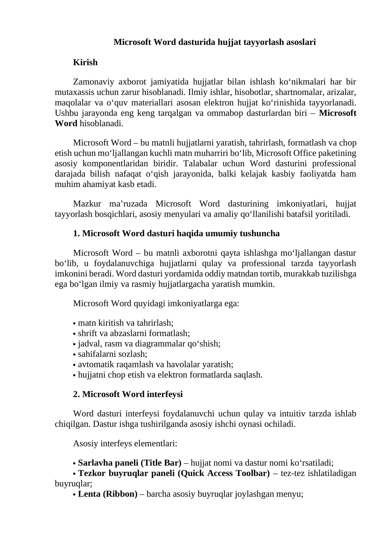 Microsoft Word dasturida hujjat tayyorlash asoslari