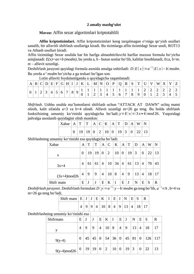 Affin Sezar algoritmlari kriptotahlili