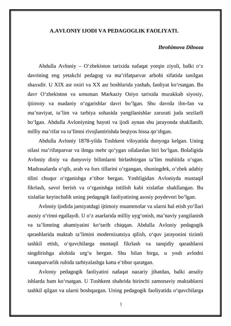 Abdullah Avloniy Ijodi va Pedagoglik Faoliyati