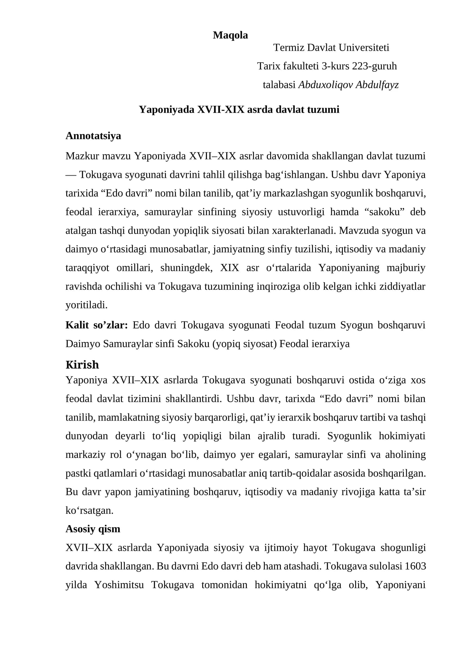 Yaponiyada XVII-XIX asrda davlat tuzumi