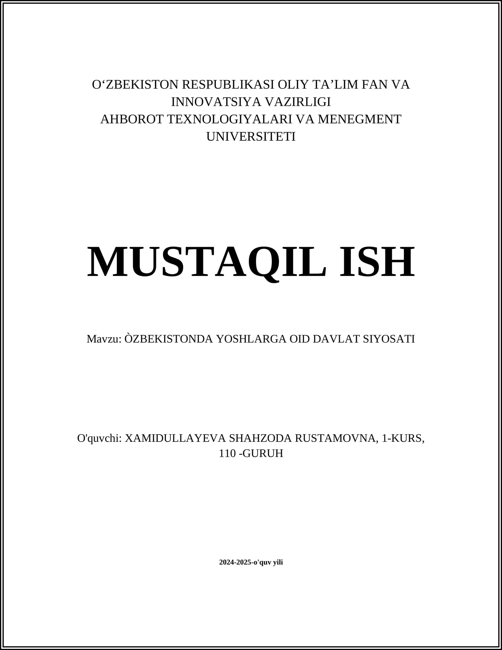 ÒZBEKISTONDA YOSHLARGA OID DAVLAT SIYOSATI