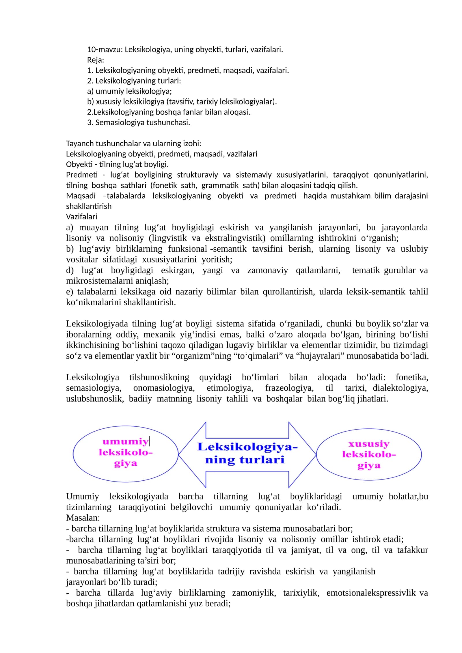 Leksikologiya, uning obyekti, turlari, vazifalari