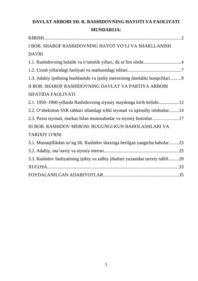 DAVLAT ARBOBI SH. R. RASHIDOVNING HAYOTI VA FAOLIYATI