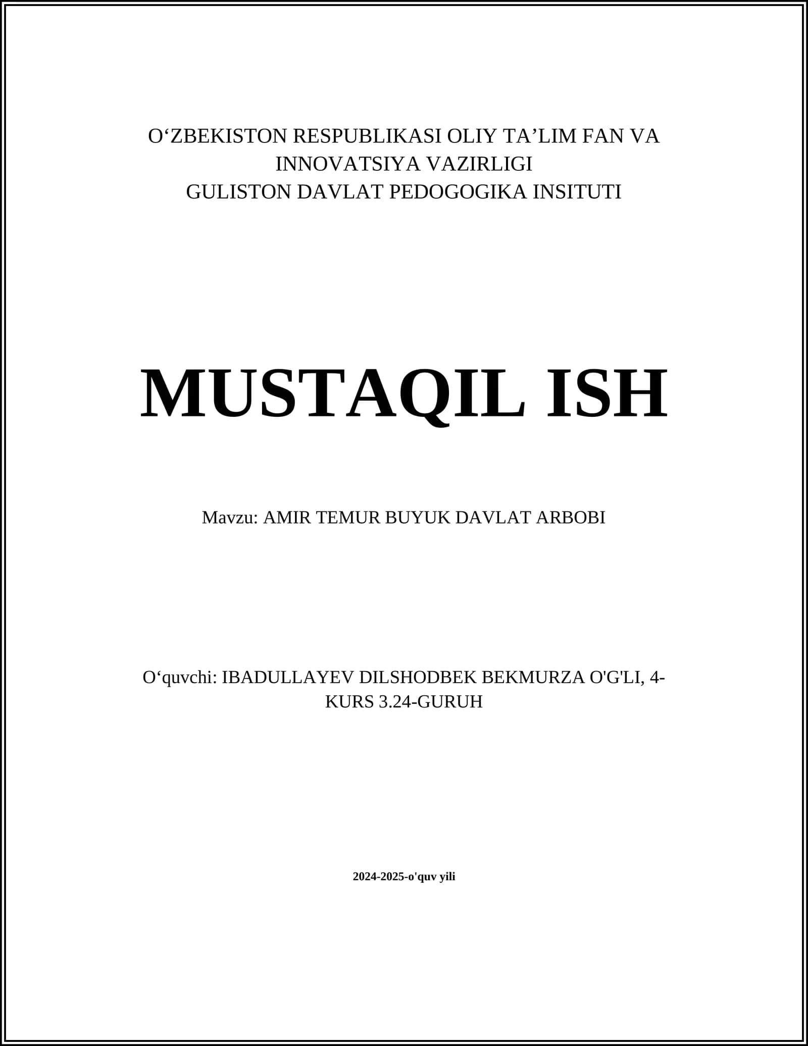 AMIR TEMUR BUYUK DAVLAT ARBOBI