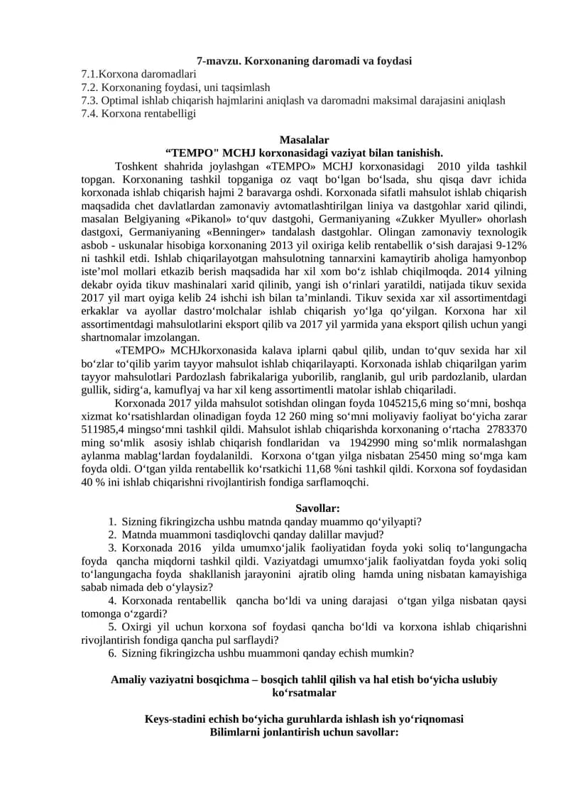 korxonani foydasi va daromadi