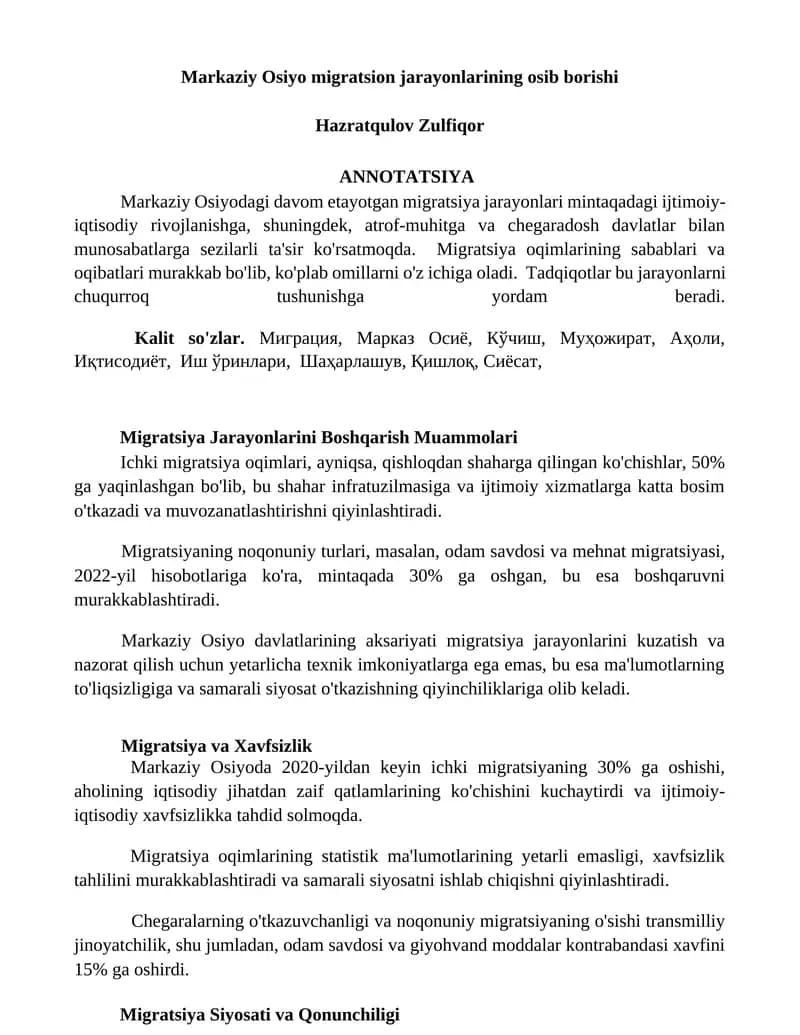 Markaziy Osiyo migratsion jarayonlarining osib borishi